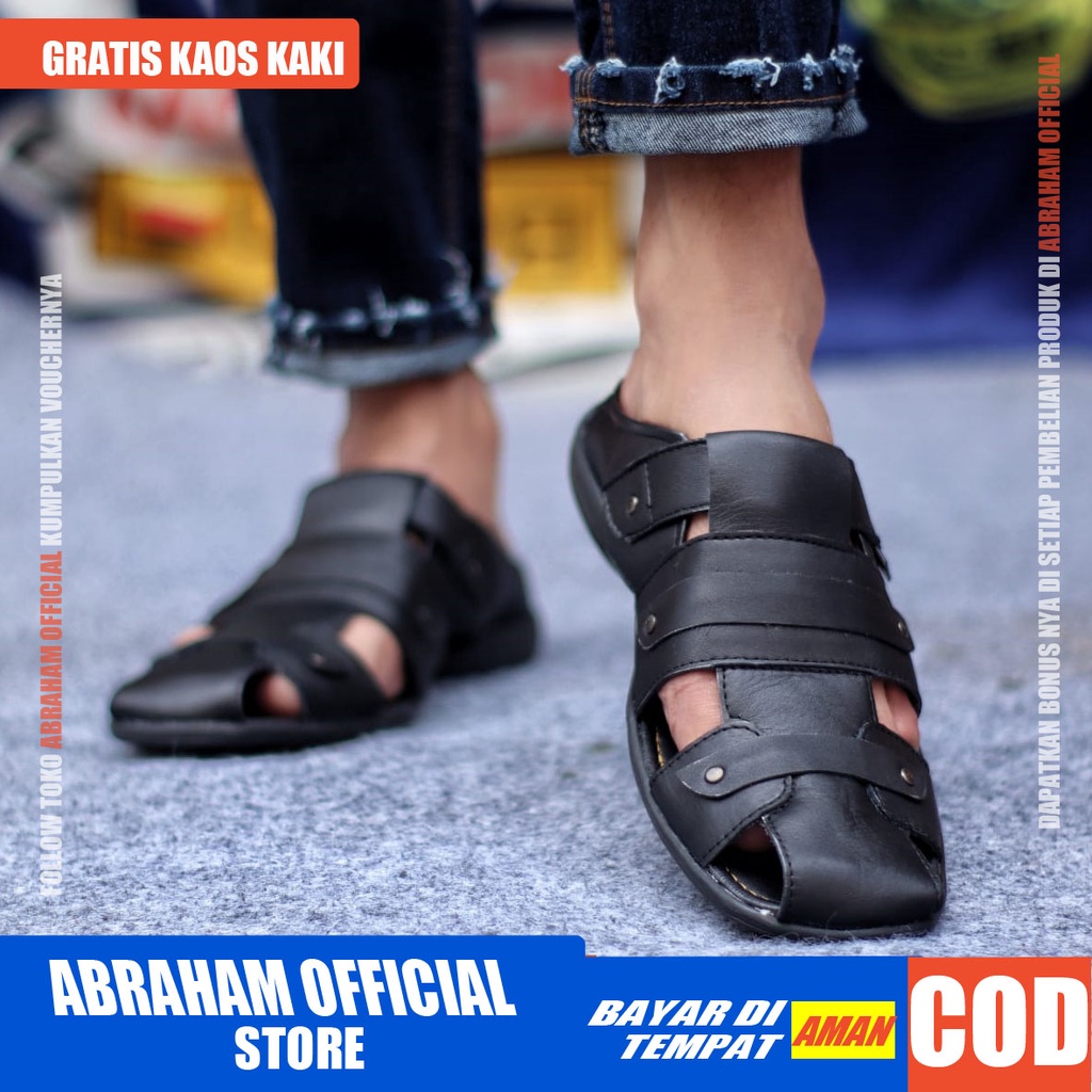 ABRAHAM Sandal Selop Kulit Slide Pria Slop Bustong