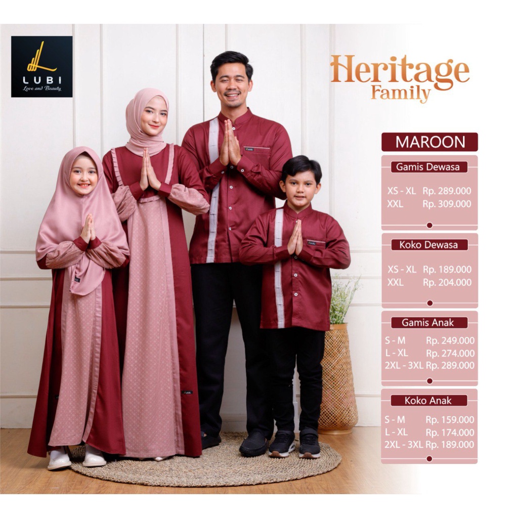 Sarimbit lubi terbaru 2023/ Gamis Lubi/ Heritage Family Maroon/ Gamis Couple Terbaru