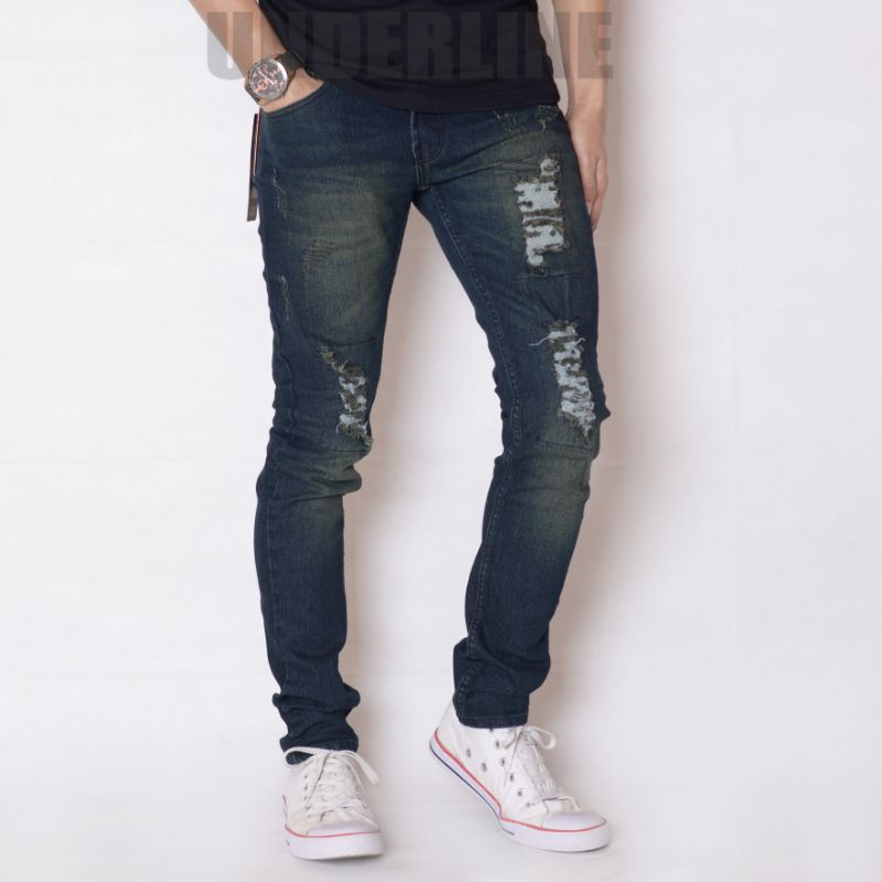 Celana jeans pria sobek lapis tidak tembus , Ripped jeans pria denim premium , jeans ripped original Underline