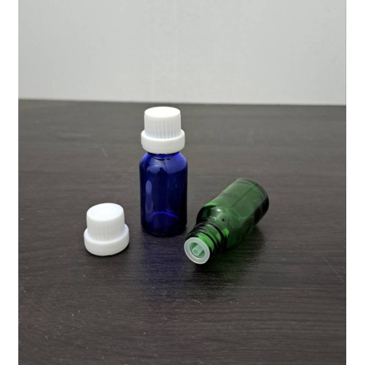 botol kaca 15ml hijau biru tutup filler putih / botol essential oil 15ml