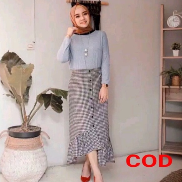 Rok ruffle kotak L-XL rok pinggang karet rok terbaru korean style