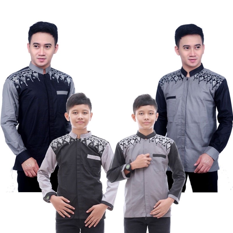 Baju Koko Couple Ayah dan Anak Laki-laki Motif Batik Kobata Qynang Baju Koko Pria Dewasa Lengan Panj