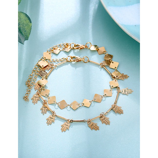 LRC Gelang Kaki Fashion Gold Metal Square Piece Palm Anklet Two-piece F76918