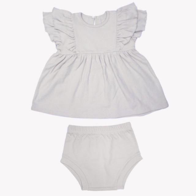 Cotton Cub Ruffle Dress + Bloomer Set - Baju Anak Bayi Terusan dengan Dalaman Celana Pendek Cewek-Grey