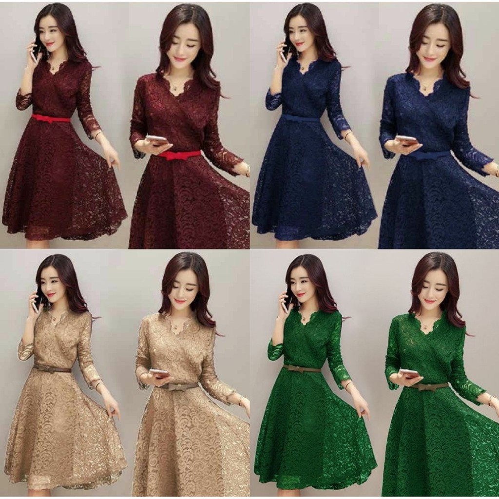 *[RXFK] Dress Brukat Import Wanita / Dress Miyabi / Dress Casual Brukat Korean Terbaru / Dress Natal Wanita / Dress Brukat Korea Free belt