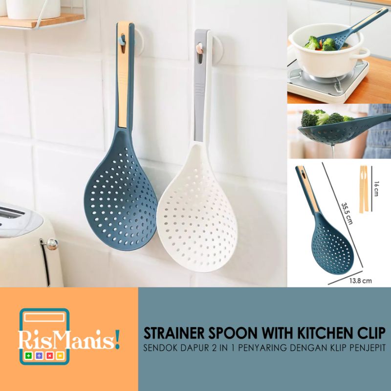 STRAINER SPOON WITH KITCHEN CLIP - Sendok Dapur Saringan Jumbo Penyaring Kuah Mie 2in1 Klip Penjepit