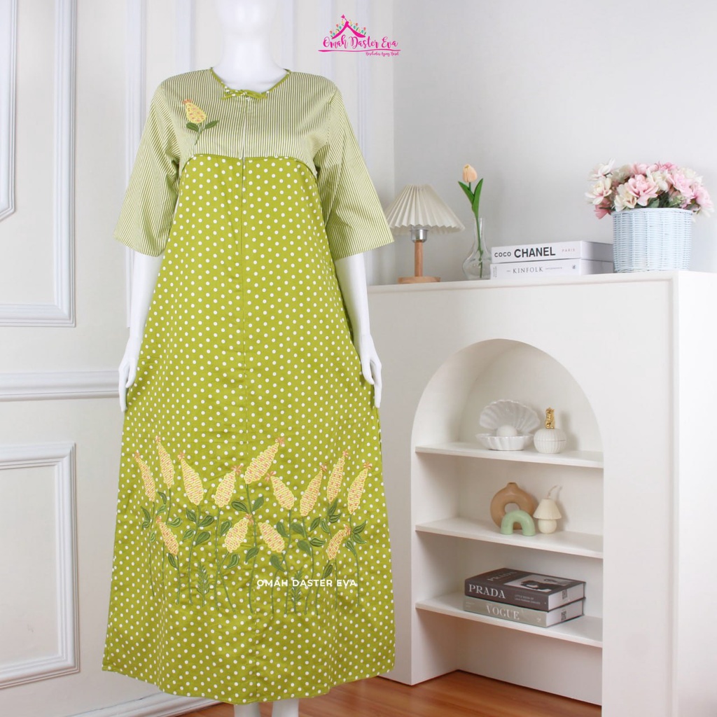Daster Panjang Hijau Lengan Sesiku Bordir Original Omah Daster Eva Busui Friendly