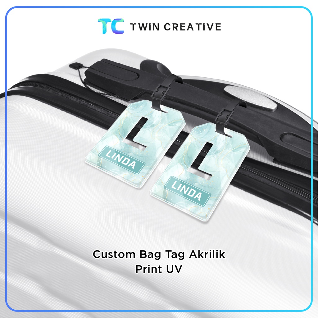 Bag Tag Custom Nama Tas Koper Motif Akrilik - Bag Tag Marble Tosca Inisial