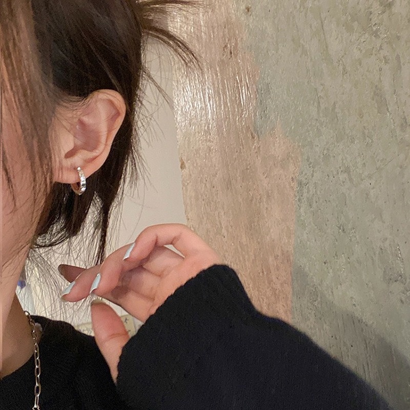Roselife 1 Pasang Anting Hoop Kecil Lapis Silver S925 Hias Kubik Zirkon Untuk Wanita