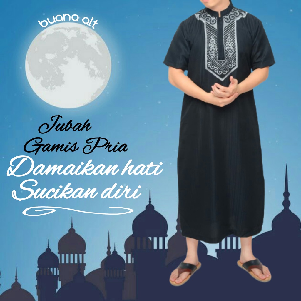 Jubah Pria Gamis Pria Dewasa Lengan Pendek Hitam Bordir