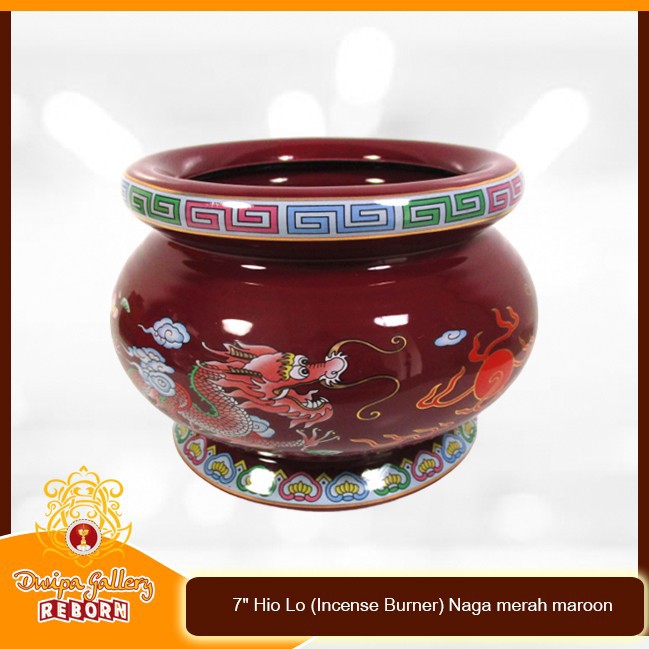 Tempat dupa Keramik 7&quot; Hio Lo (Incense Burner) Naga merah maroon