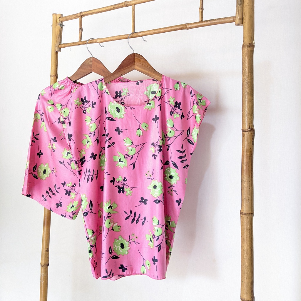 Baju Tidur Tanpa Lengan Piyama Krill Setelan Midi Homewear Homey Dress Baby Doll Dewasa Nyaman Di Rumah Santai WFH Rayon One Set Pajamas-bunga pink