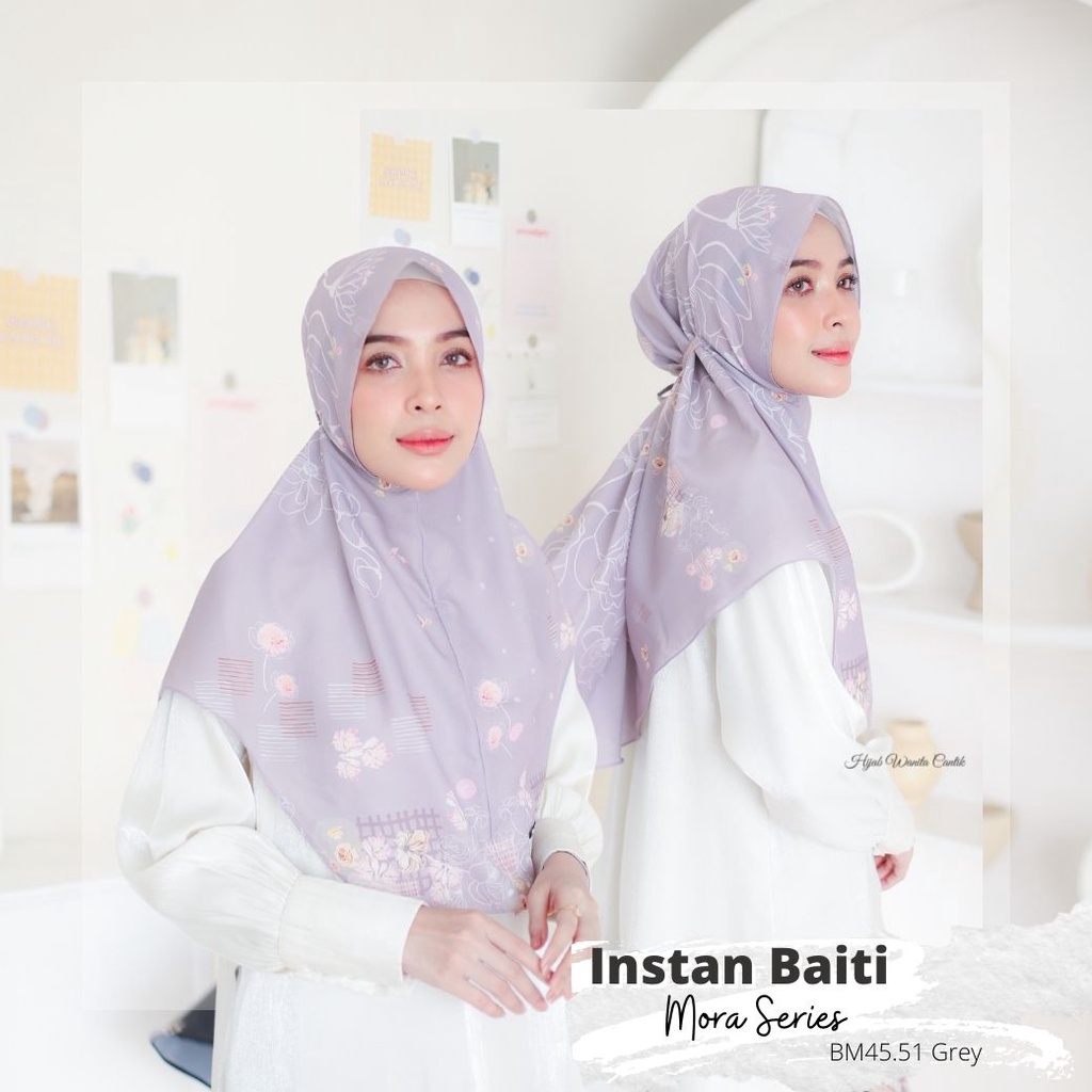 Hijabwanitacantik - Instan Baiti Mora Series BM45.51 Grey | Hijab Instan Bergo | Jilbab Instan Motif Printing Premium