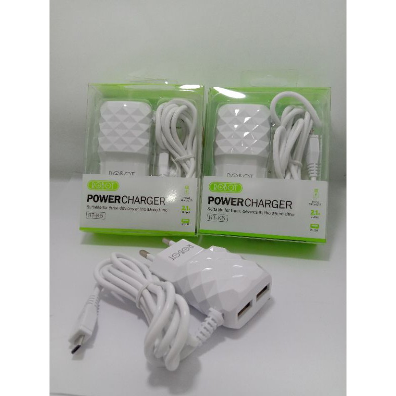 TRAVEL CHARGER ROBOT RT-K5 [3 OUTPUT] 2.1A FIXED CABLE MICRO USB GARANSI RESMI