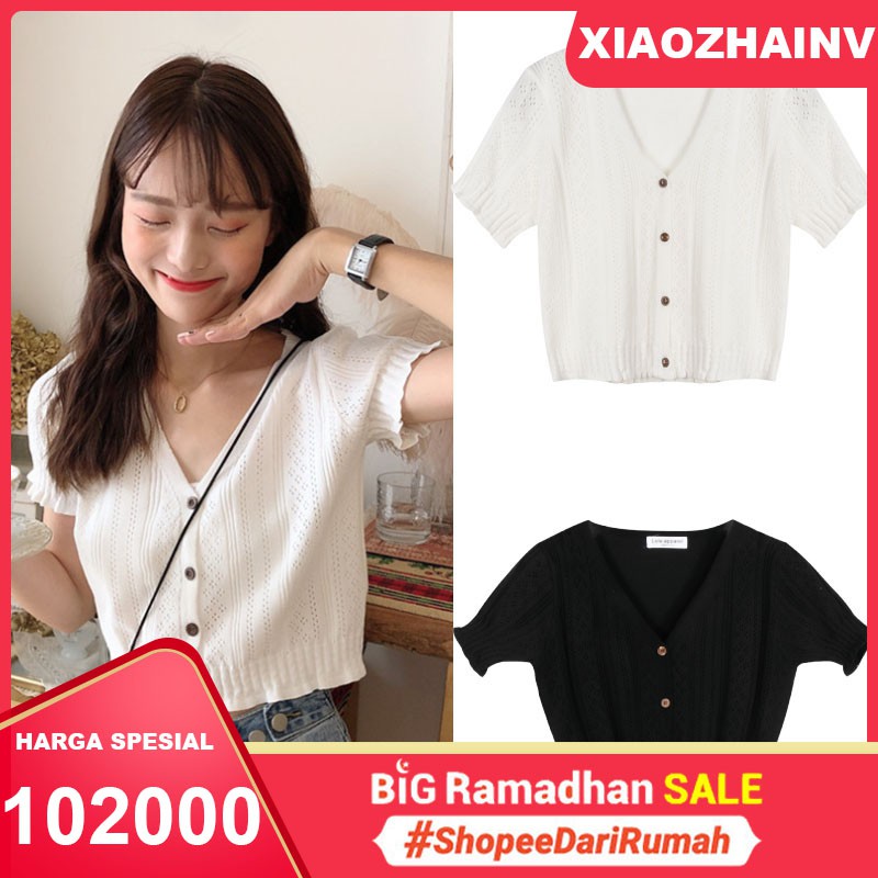 Xiaozhainv Fashion wanita  Kerah V Kaos  rajutan  Warna solid 