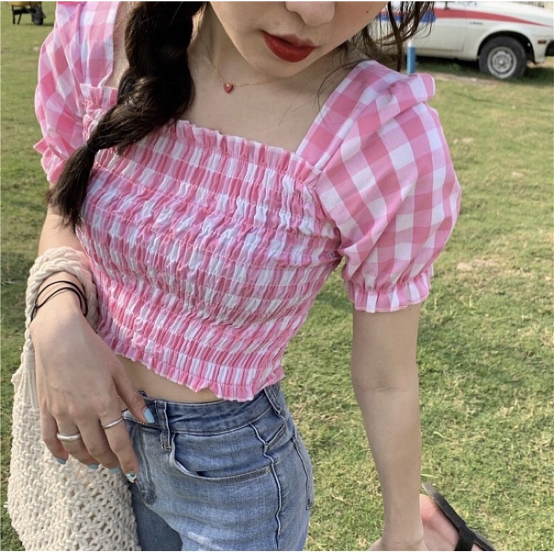 CROP TOP KOTAK KOTAK KOREA