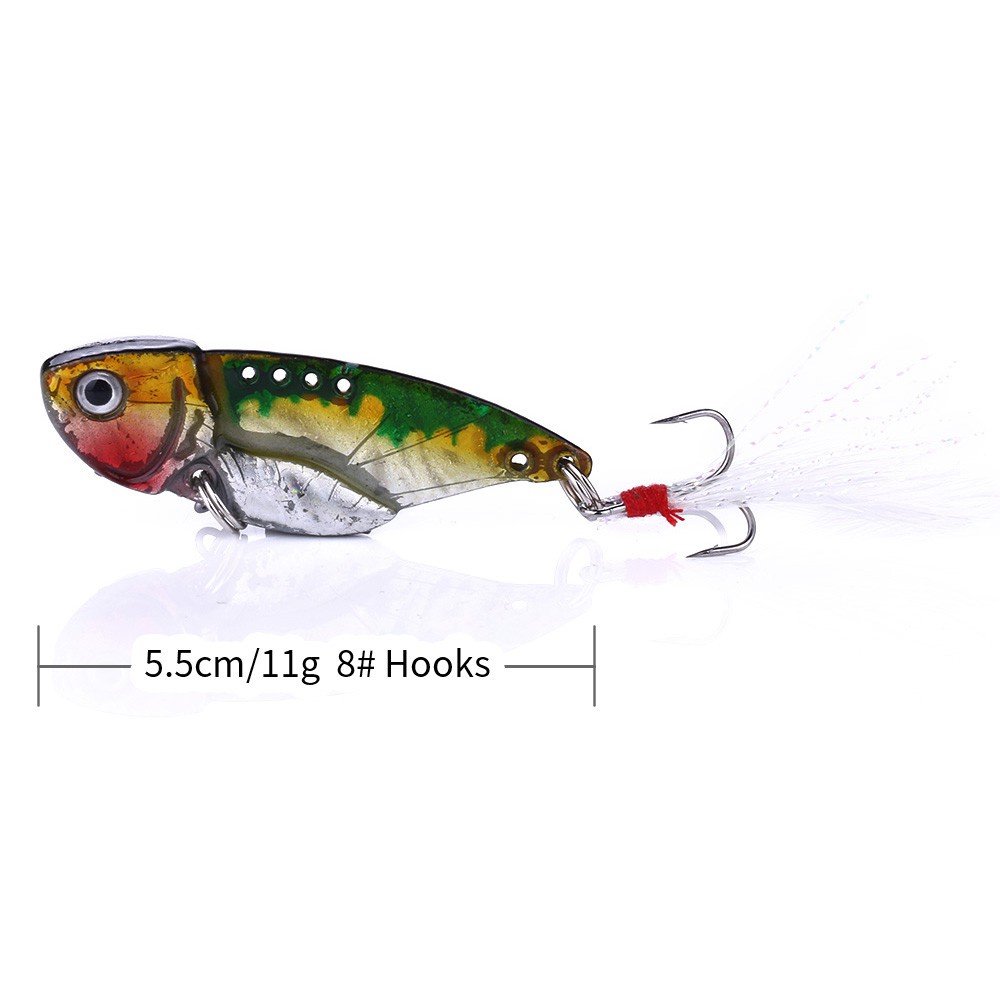 HENGJIA 5PCS/Lot Metal VIB Fishing Lures 5.5cm 11g Vibration Minow Fishing Lure Metal Hard Bait with 2 Treble Feather Hooks Fishing Tackle