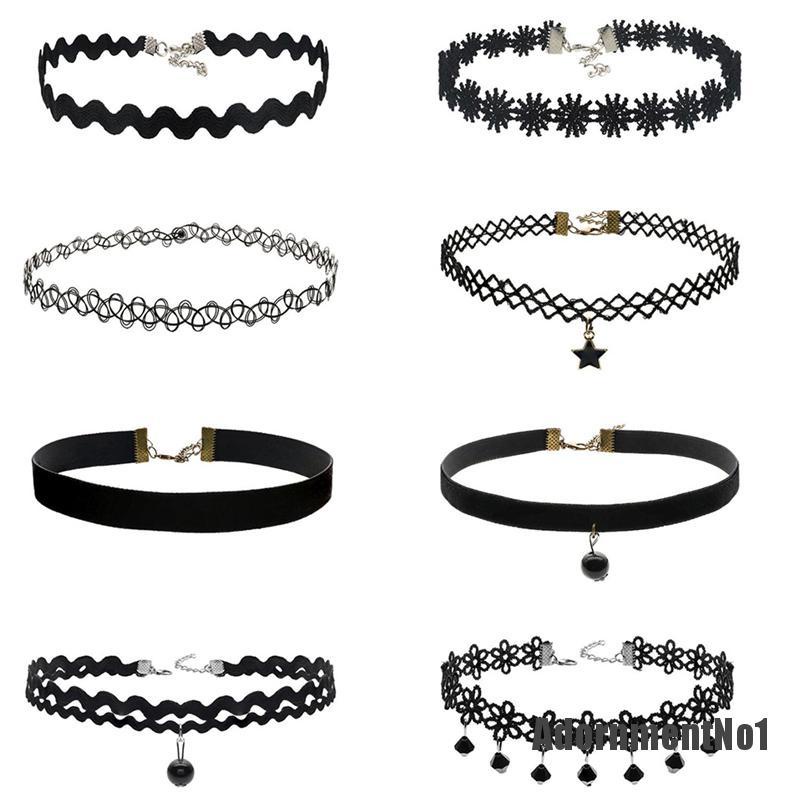 (Adornmentno1) 8pcs / set Kalung Choker Velvet Hitam Gaya Vintage Untuk Wanita