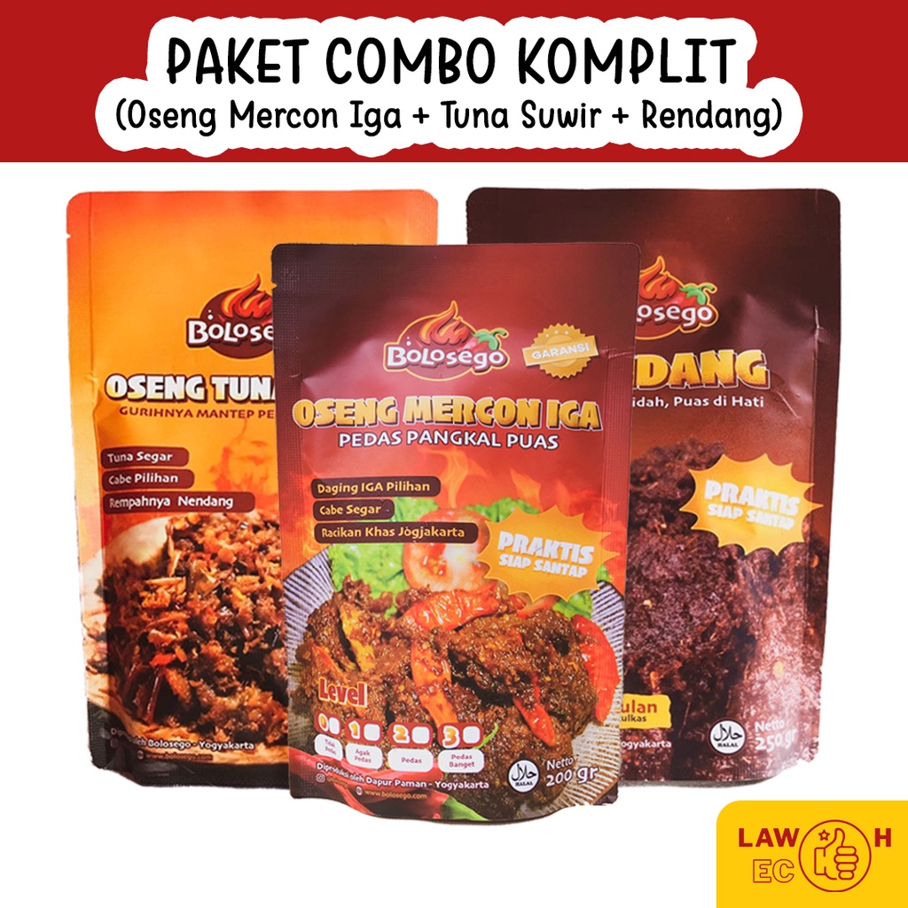 BOLOSEGO PAKET COMBO KOMPLIT  - Oseng Mercon Daging Iga Sapi + Rendang + Tuna Suwir