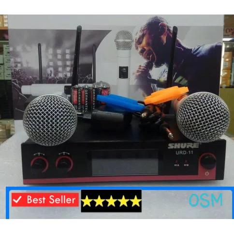 shure pro mic karaoke sepasang UHF mikrophone Wireless microphone wireles suara audio sound sistem vokal vocal mik professional panggung dj studio Sepasang 1bh reciever digital  2bh mic pegang digital  SHURE jarak mic bisa pakai sampe 30-40 meter. suara b