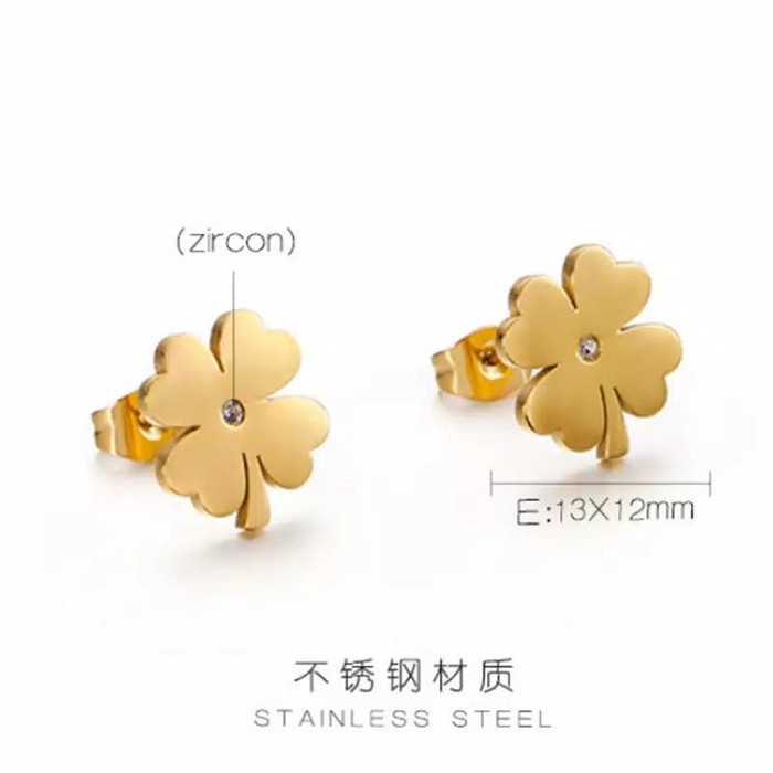 SET PERHIASAN ANTING KALUNG FOURLEAF CLOVER ZIRCON ORI TITANIUM 100%