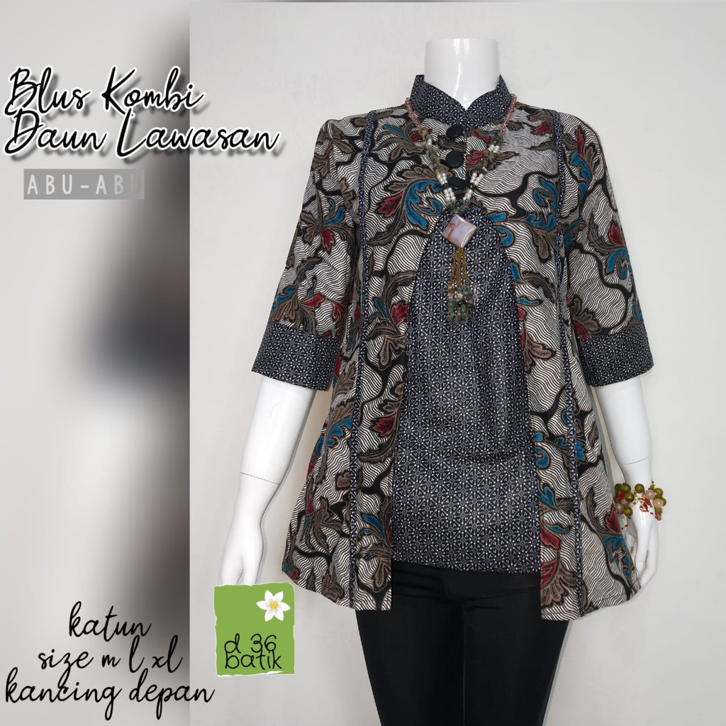 Blus Kombi Daun Lawasan Batik Layer Kombinasi Modern Casual Kerja Seragam Kantor Muslim Cantik