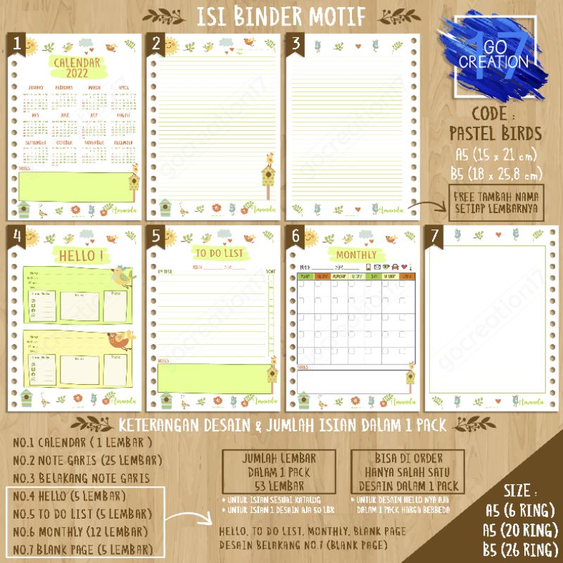

Buku Planner isi Kertas Binder Motif Pastel Birds 01 Premium A5 ring 20 dan A5 ring 6