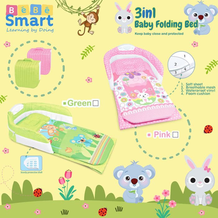 Bebe Smart 3 In 1 Baby Folding Bed Kasur Lipat Bayi Cheerful Green Hijau 0-4 Bulan