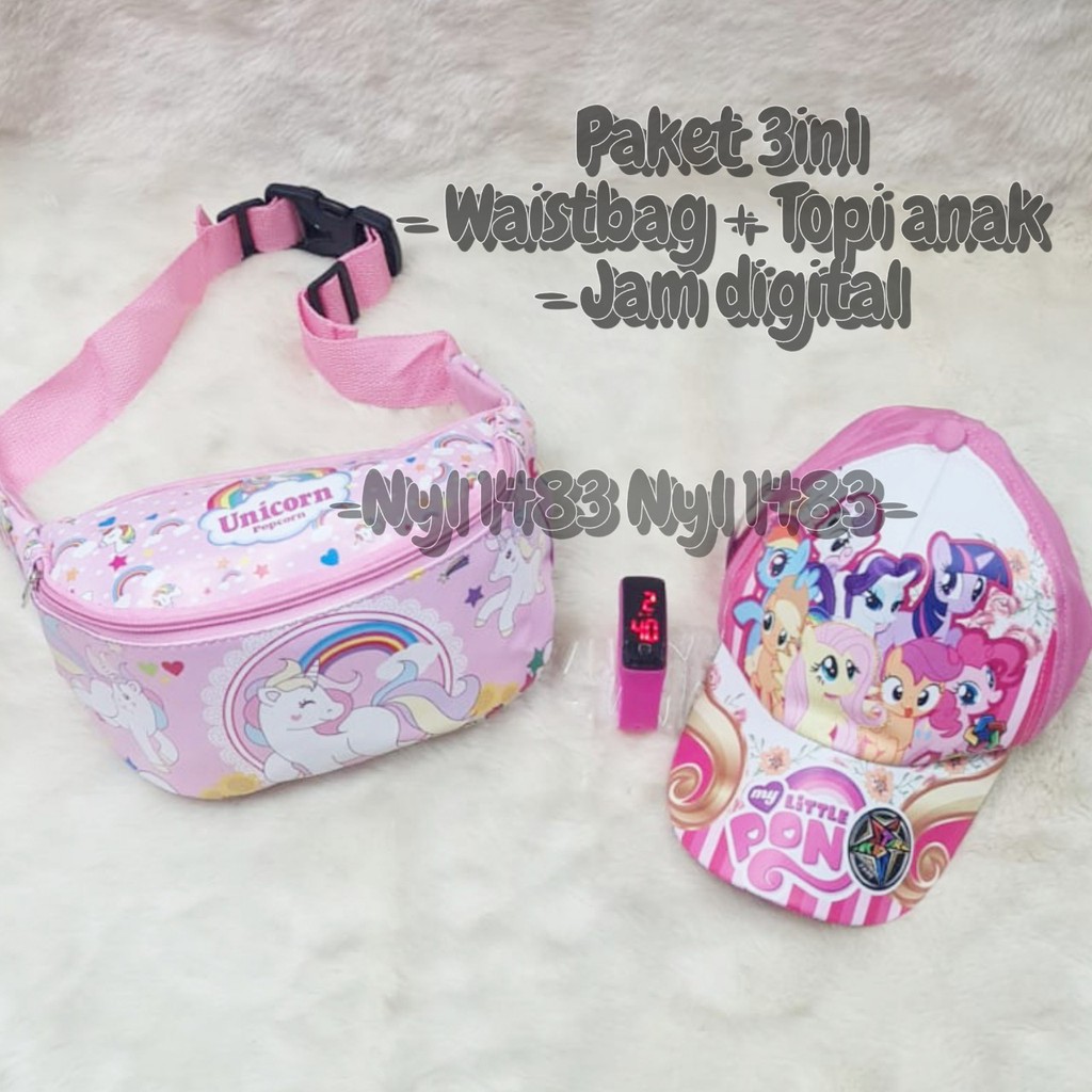 PAKETAN ANAK 3IN1 - TOPI, TAS WAISTBAG DAN JAM DIGITAL KARAKTER LITTLE PONY UNICORN