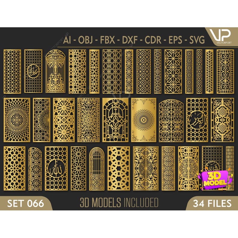 34 Model 3D dekoratif pola islamic dan file vektor file cnc, file pemotongan laser Dxf, Svg, Ma
