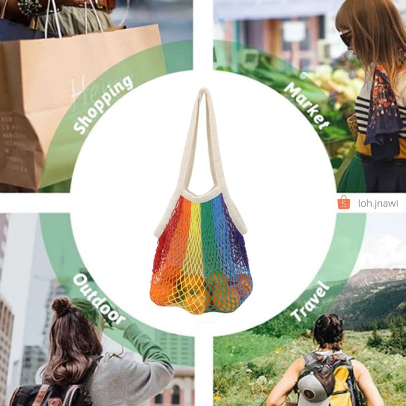 Tas Belanja Jaring Katun Motif Rainbow Tas Jaring Tas Pantai Reusable Bag Cotton Mesh Bag Net Bag Grocery Bag Fishing Net Tote Bag Tas Ramah Lingkungan