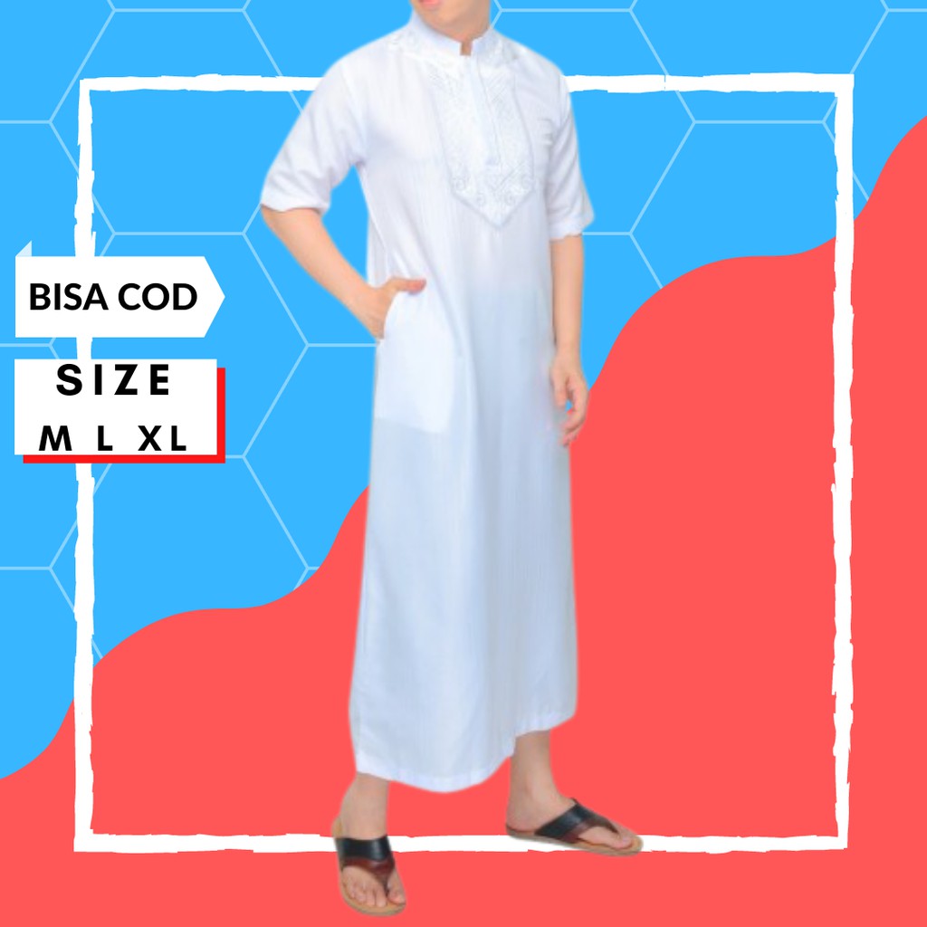 Jubah Gamis Baju Muslim Pria Cowok Remaja Dewasa Orang Tua Bordir Putih BG Lengan Pendek Motif Luar 