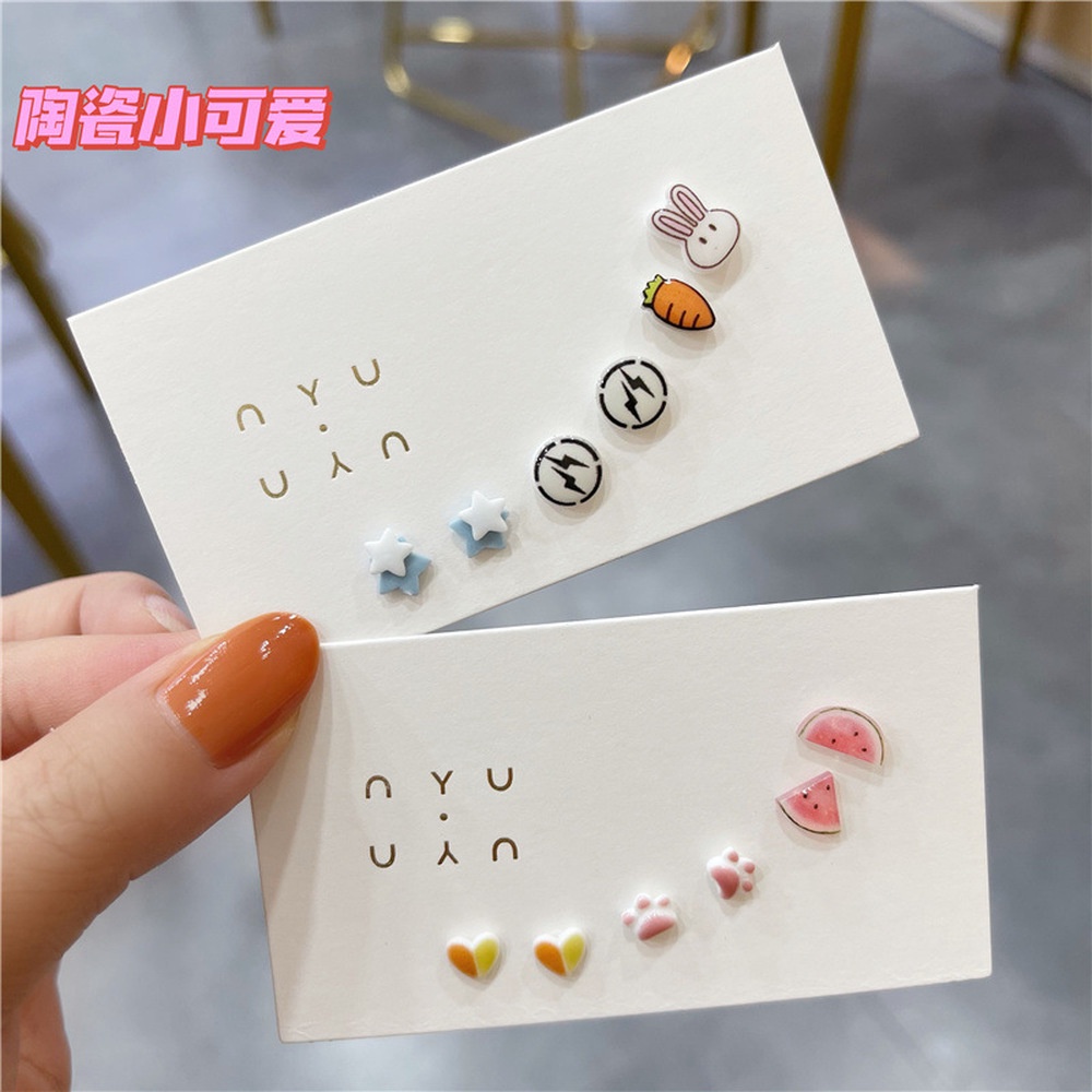 S925 Silver Needle Ceramic Earring Combination Exquisite Small Cute Simple Girl Student Earrings Wholesale 2021