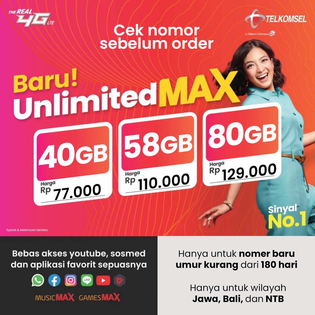 Paket Internet Telkomsel UnlimitedMax 35GB 51GB 70GB Kuota Data Simpati Murah