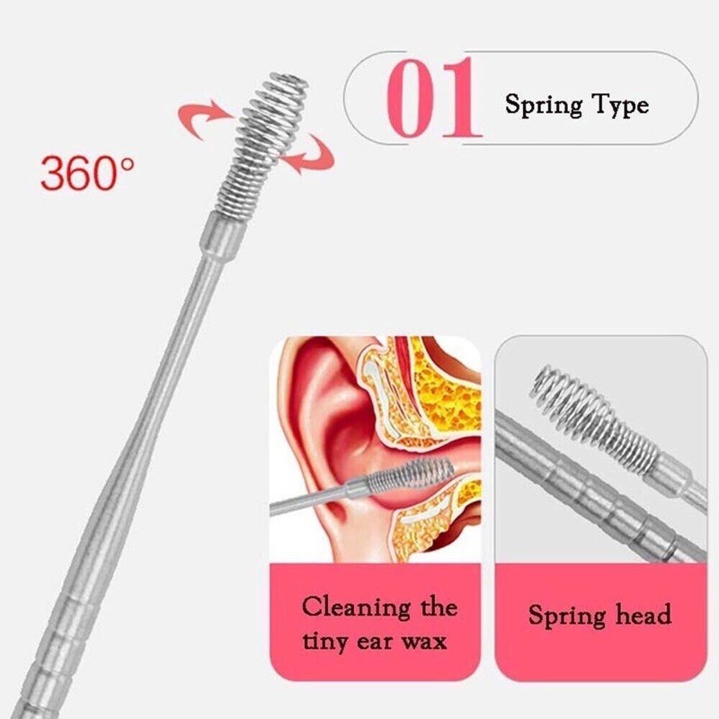 [5 IN1] Alat Pembersih Telinga Stainless 1 Set Korek Kuping Stainless Spiral Lengkap Earpick Kotoran Keras Sedot untuk Dewasa Bayi Balita