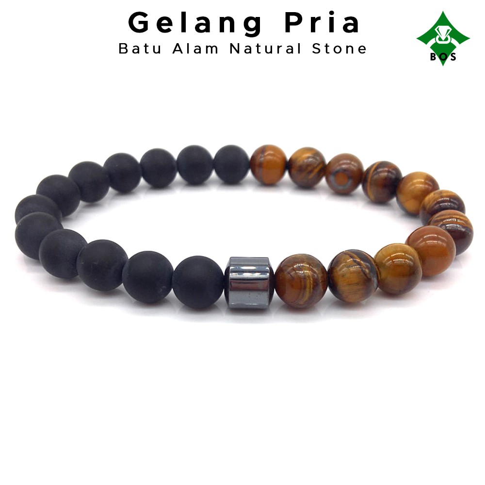 [Bayar Di Tempat] BOS Gelang Pria Kesehatan Batu Alam Tiger Eye Black Onyx Hematite Korea Akik Unik-1