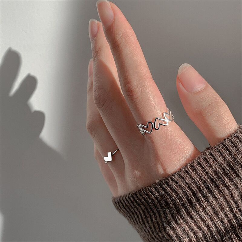 YEEZII Set Cincin Adjustable Bentuk Hati Warna Silver Untuk Wanita