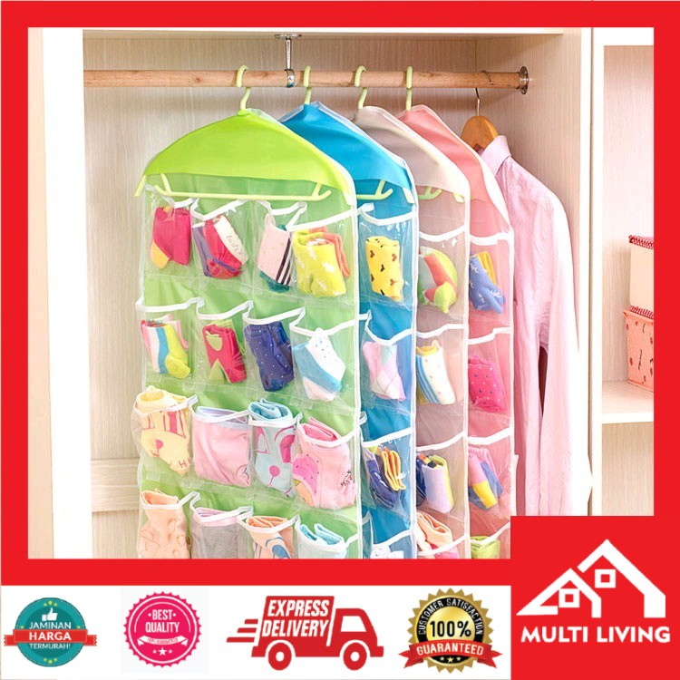 Hanger Organizer Tempat Gantung CD Pakaian Kaos Kaki Serbaguna 16 Sekat