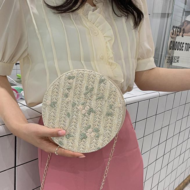 TAS SELEMPANG WANITA EDGINA TA074W1 BULAT RANTAI RENDA BUNGA ANYAM IMPORT RAJUT ABG PESTA FASHION
