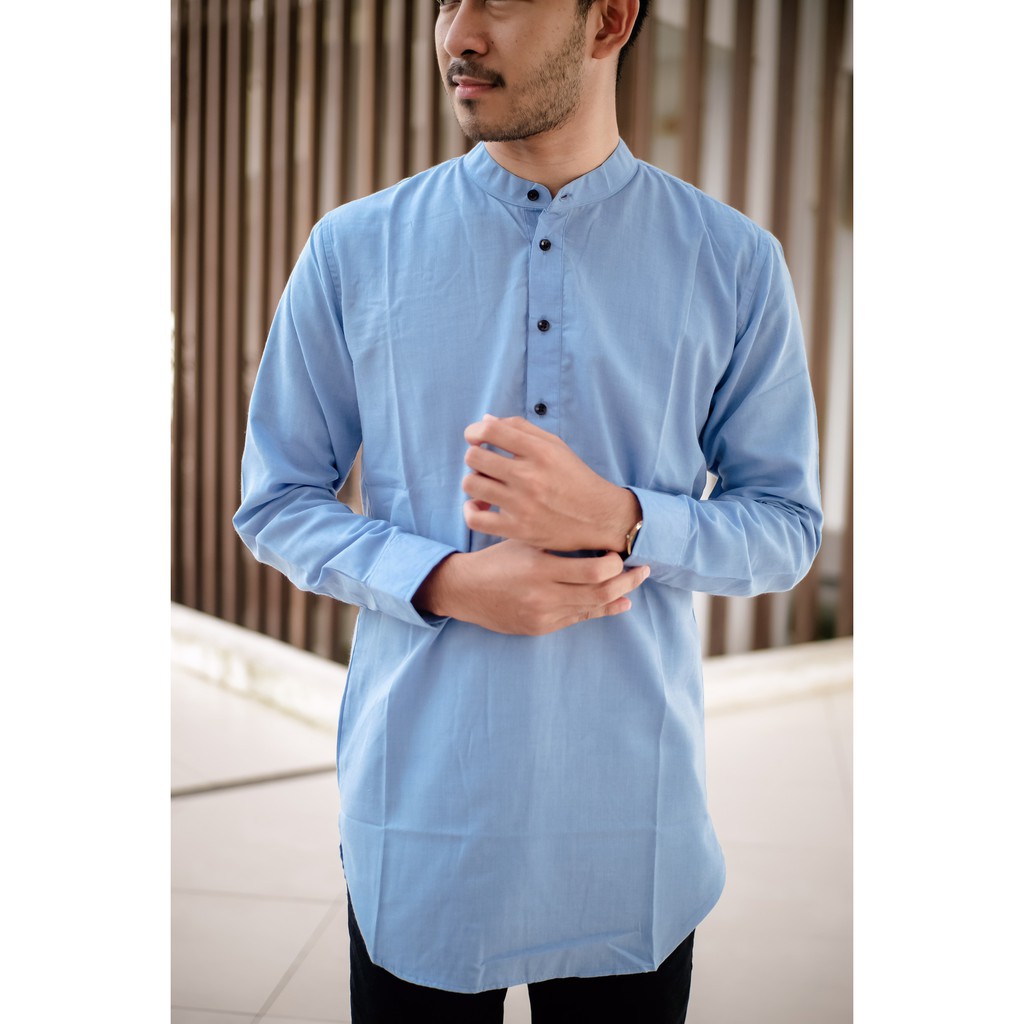 Kemeja Koko Pria Kurta Pakistan Polos Muslim Biru Muda Oxford
