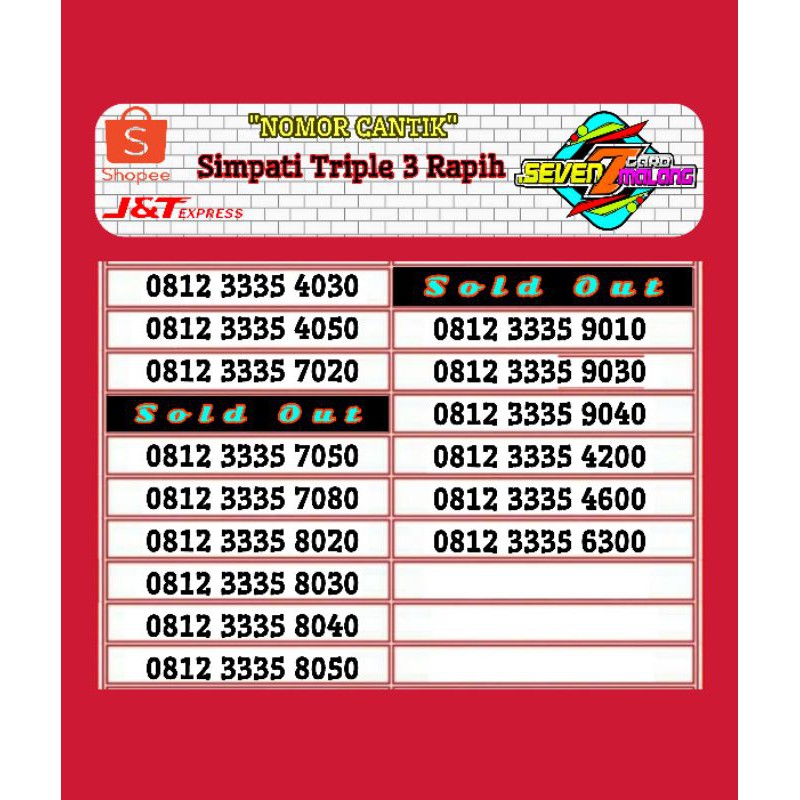 Nomor Cantik simpati Triple 3 Rapih puluhan & Ratusan