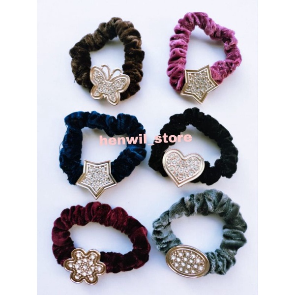 Ikat rambut bahan bludru velvet motif mutiara permata