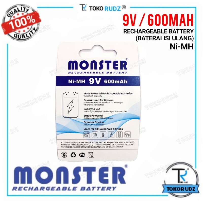 Batre 9V Cas Baterai Isi Ulang 6F22 600mAh Rechargeable MONSTER