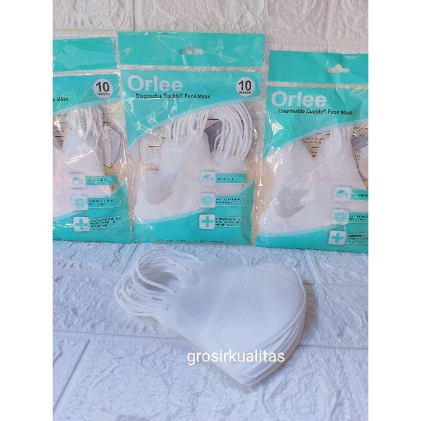 ORLEE MASKER DUCBILL PUTIH 3D EMBOS KEMENKES EARLOP NON HIJAB ISI 10PCS TALI KUAT TIDAK MUDAH PUTUS-1