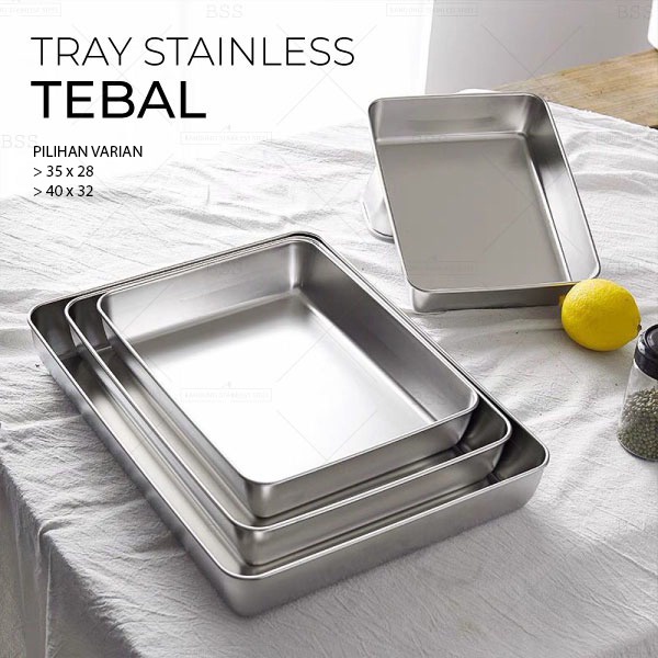 Nampan 35X28 40X32 Stainless Tray Tebal Multifungsi Tempat Wadah Makanan Saji Sayur Kue Saus Steak