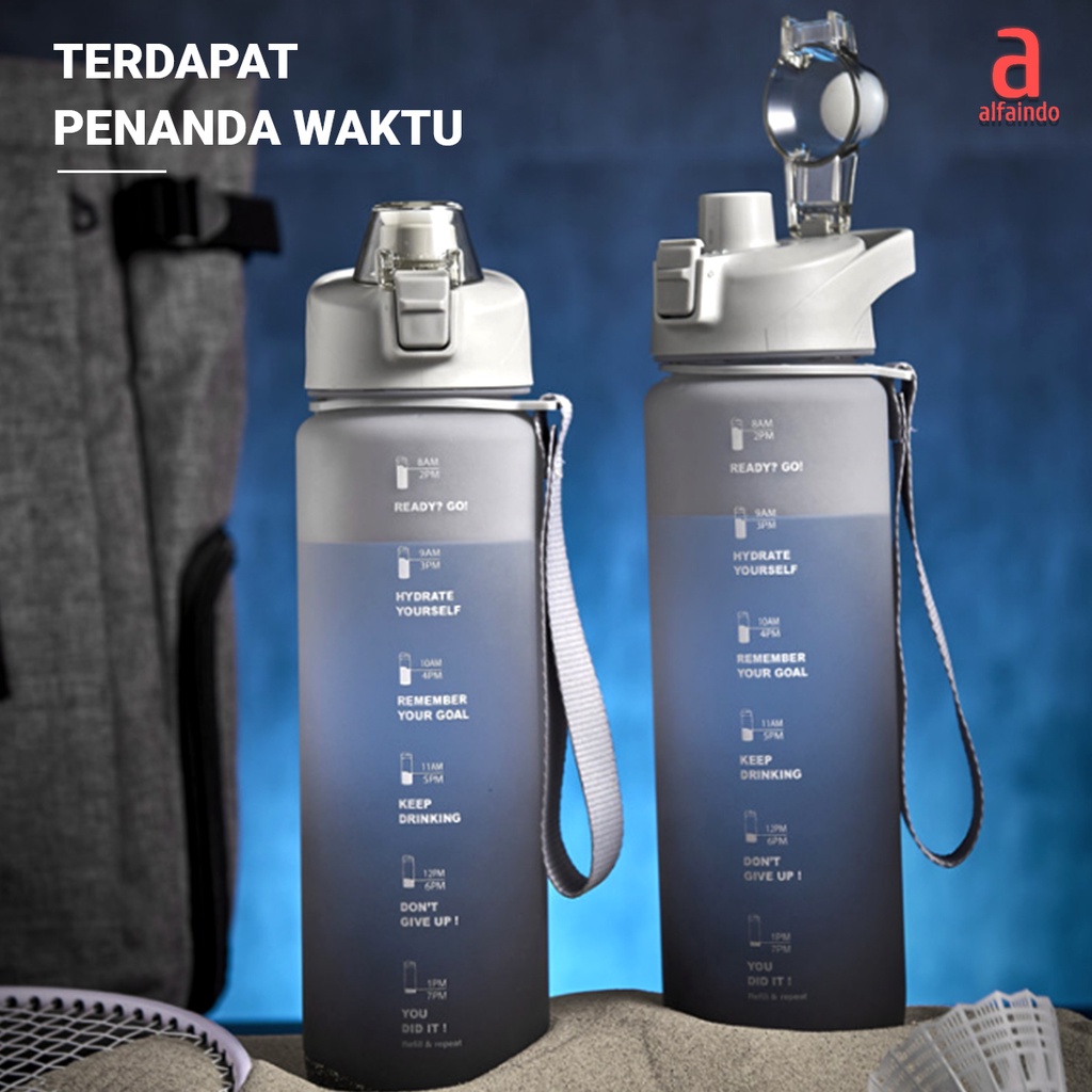 Alfaindo Botol Minum Motivasi dengan Penanda Waktu Kapasitas 1100ML Tutup Flip BP004