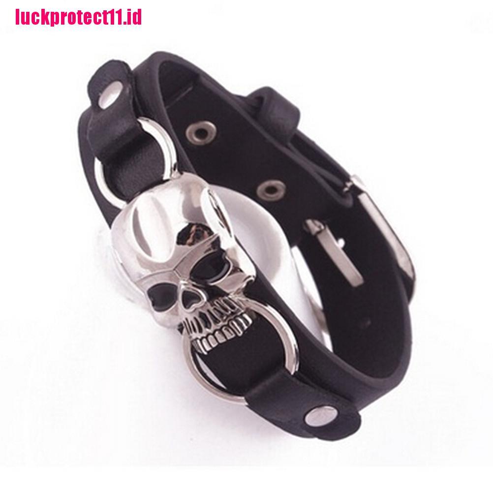 (LUCK) Gelang Tangan Kulit Banyak Lapis Aksen Tengkorak Untuk Pria