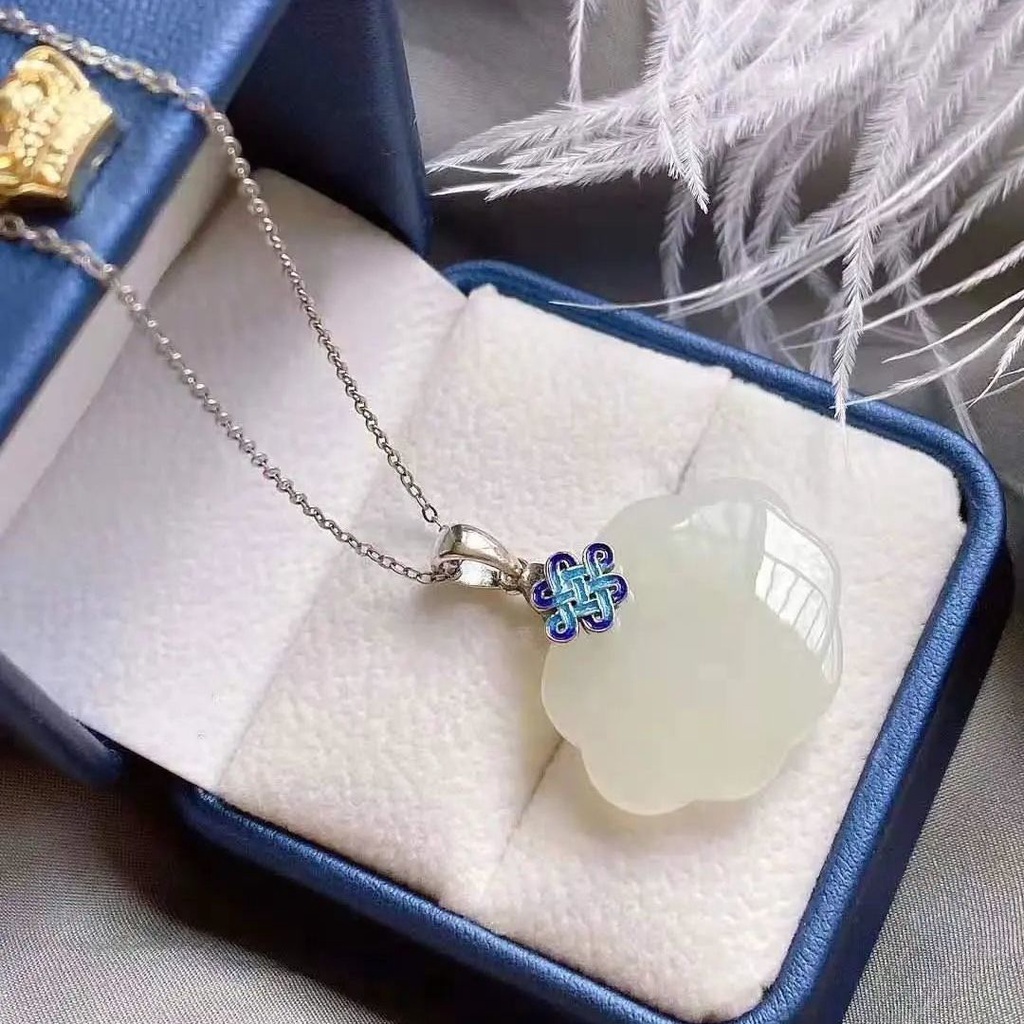 Kalung Sterling Silver S925 Hias Liontin Kunci Giok Burnt Biru Gaya China Untuk Wanita