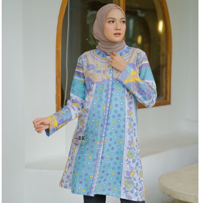 Tunik Soft Lengan Panjang Baju Batik Wanita Katun Motif Sinaran Polkadot Pastel Tosca Kuning