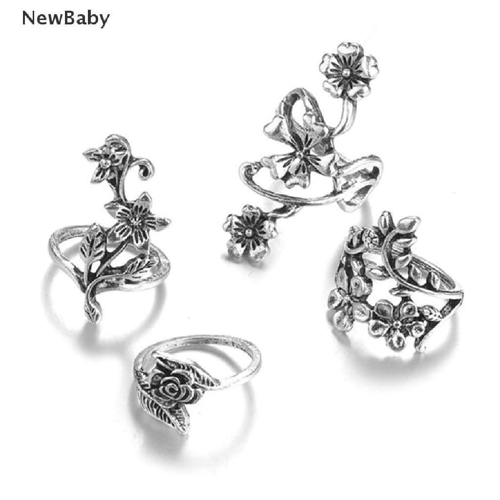 4pcs / Set Cincin Silver Antik Vintage Bohemia Desain Bunga Mawar Untuk Wanita